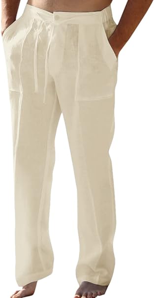 Photo 1 of  Men Linen Drawstring Pants Beach Golf Elastic Waist Spring Long Casual Loose Summer Yoga Cotton Jogger Trousers 1 large 