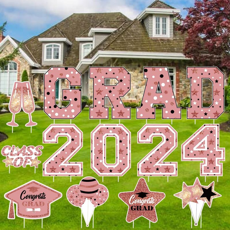 Photo 1 of 14 PCS Pink 2024 Graduation Decorations 16 Inch Large Graduation Yard Signs, Graduation Decoration Class of 2024 Graduation Yard Sign with Stakes for Graduation Party Decorations Supplies
