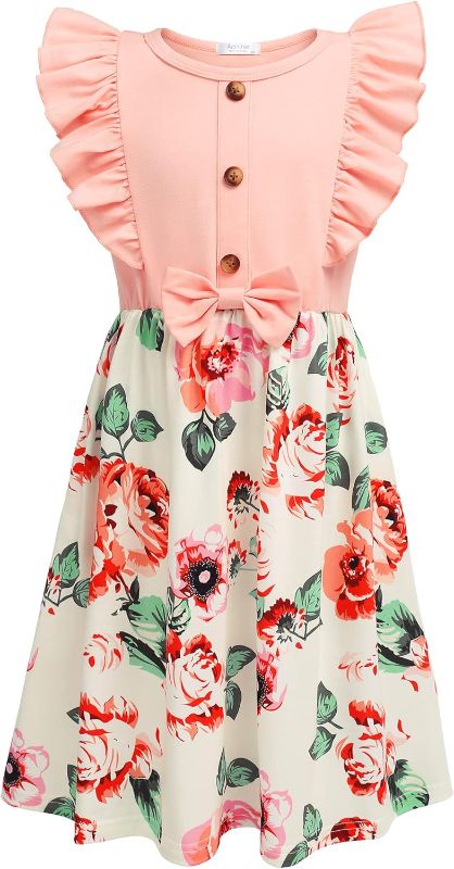Photo 1 of Arshiner Girls Summer Dress Ruffle Trim Button Front Bowknot Casual Swing Sundress with Pockets for 3-4 Years

