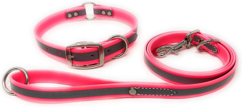 Photo 1 of Regal Dog Products Small Pink Reflective Dog Collar and Leash Set - Waterproof Biothane Dog Collar with Heavy Duty D Ring, Center Ring & 5'ft Leash for Training 