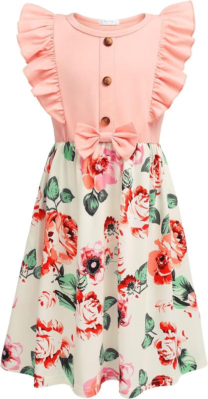 Photo 1 of Arshiner Girls Summer Dress Ruffle Trim Button Front Bowknot Casual Swing Sundress with Pockets for 4-5 Years
