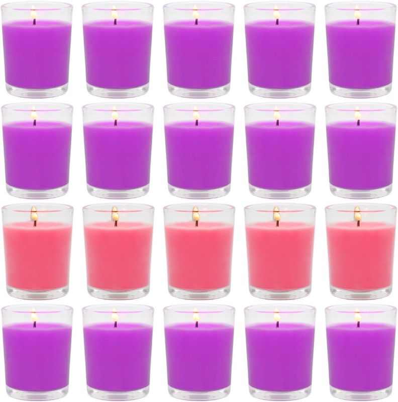 Photo 1 of 15 Purple and 5 Pink Votive Candles with Peace Love Joy Hope, Unscented Soy Wax Candle Filled in Clear Glass for Advent Christmas Home Décor and DIY
