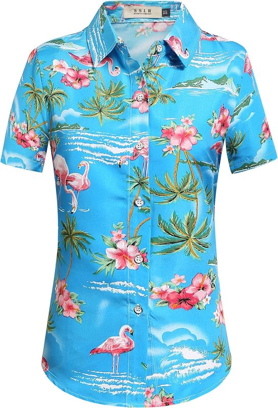 Photo 1 of SSLR Hawaiian Shirts for Women Flamingo Shirt Tropical Shirts for Women Summer Casual Short Sleeve, Small
