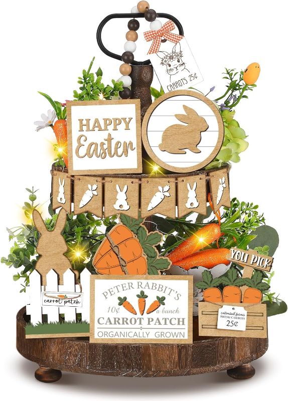 Photo 1 of 21 Pcs Easter Bunny Carrots Tiered Tray Decor, Farmhouse Tiered Tray Decorations, Cottontail Farms Bunny Carrots Wooden Signs, Rustic Easter Rabbit Decor for Home Table Mantel Church Party
