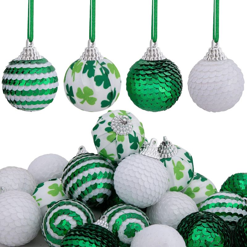 Photo 1 of 24 PCS St.Patrick Day Sequin Ball Ornament- 1.6 Inch Green Shamrock Hanging Ball Ornament- Good Luck Clover Ball for Tree St.Patrick's Day Irish Festival Party Decoration
