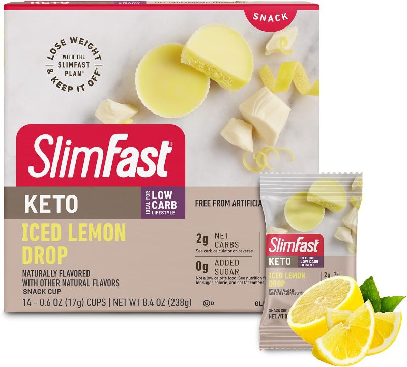 Photo 1 of SlimFast Low Carb Snacks, Keto Friendly for Weight Loss with 0g Added Sugar & 4g Fiber, Iced Lemon Drop Cup, 14 Count Box (Packaging MayVary)  EXP JULY 2024 