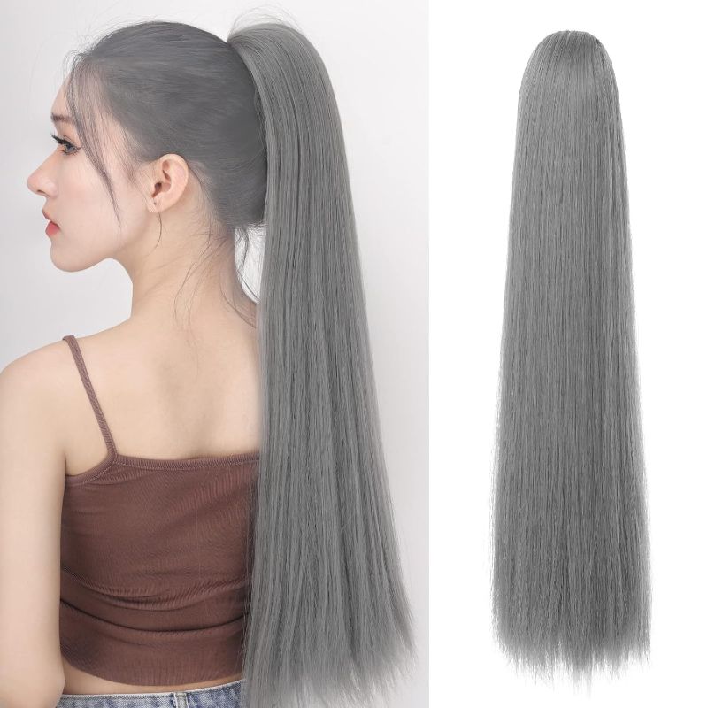 Photo 1 of Ponytail Extension,Drawstring Hair Pony Tails Synthetic Heat Resistant 26" Black Fake Hair Pieces Long Body Straight Pony Tail Hair Extensions For Black Women Girls? Granny Grey?
