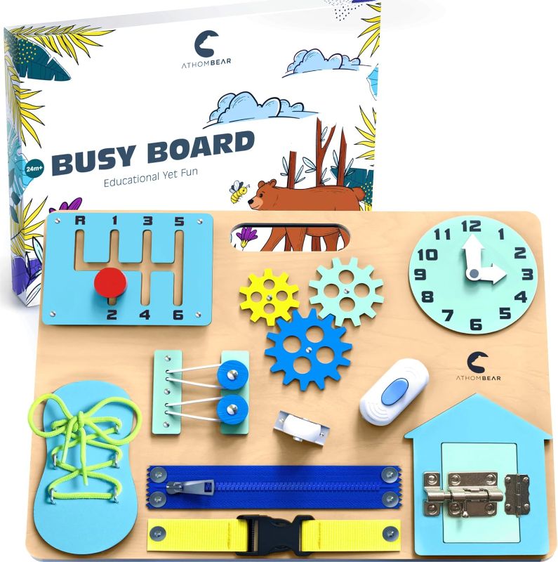 Photo 1 of Busy Board for Toddlers 1 2 3 4, Montessori Activity Board with 10 Learning Activities, Toddler Gifts, Sensory Wooden Board for 1 Year Old
