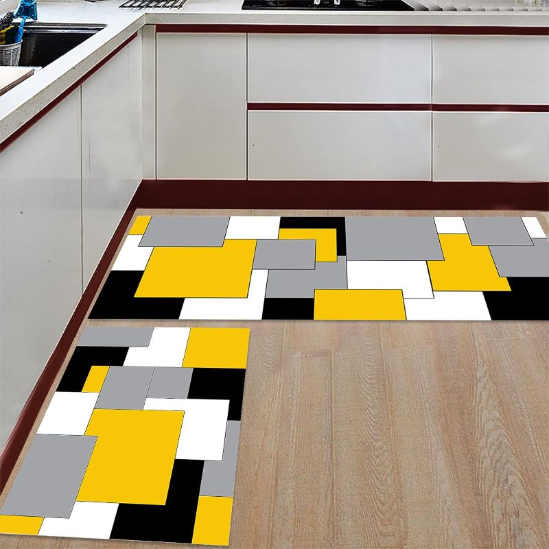 Photo 1 of Yellow Kitchen Rugs and Mats Set of 2 Black and Grey Abstract Mid Century Modern Kitchen Sink Mat,Non-Slip Area Runner Rug,Washable Floor Mat for Home Dining Room Office 19.7"x31.5"+19.7"x63"
