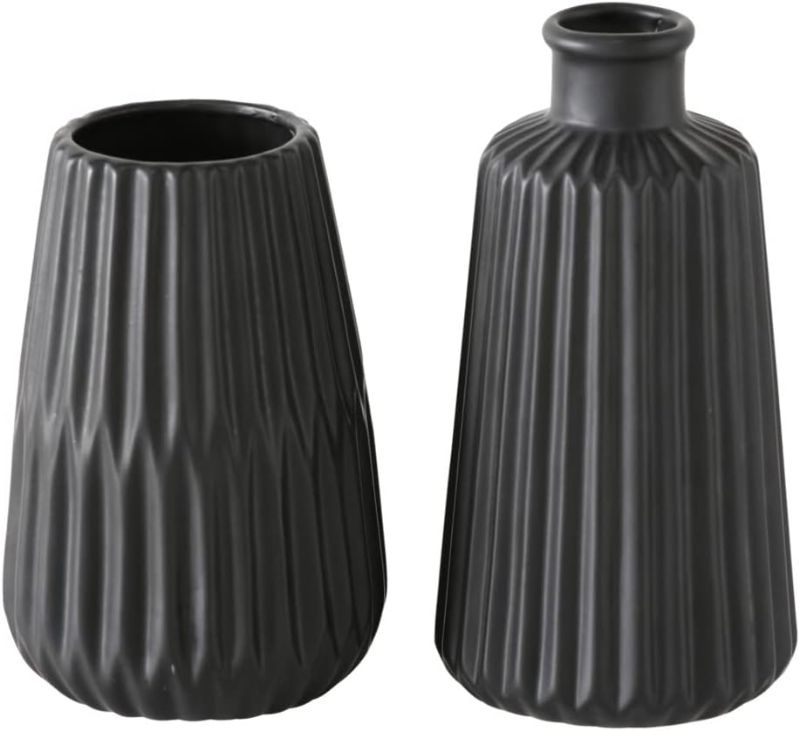 Photo 1 of Iconic Scandi Vases, Set of 2, Fluted, Color Soaked Black, Matte Glaze Finish, Each 6.75 Inches, Modern Home Design
