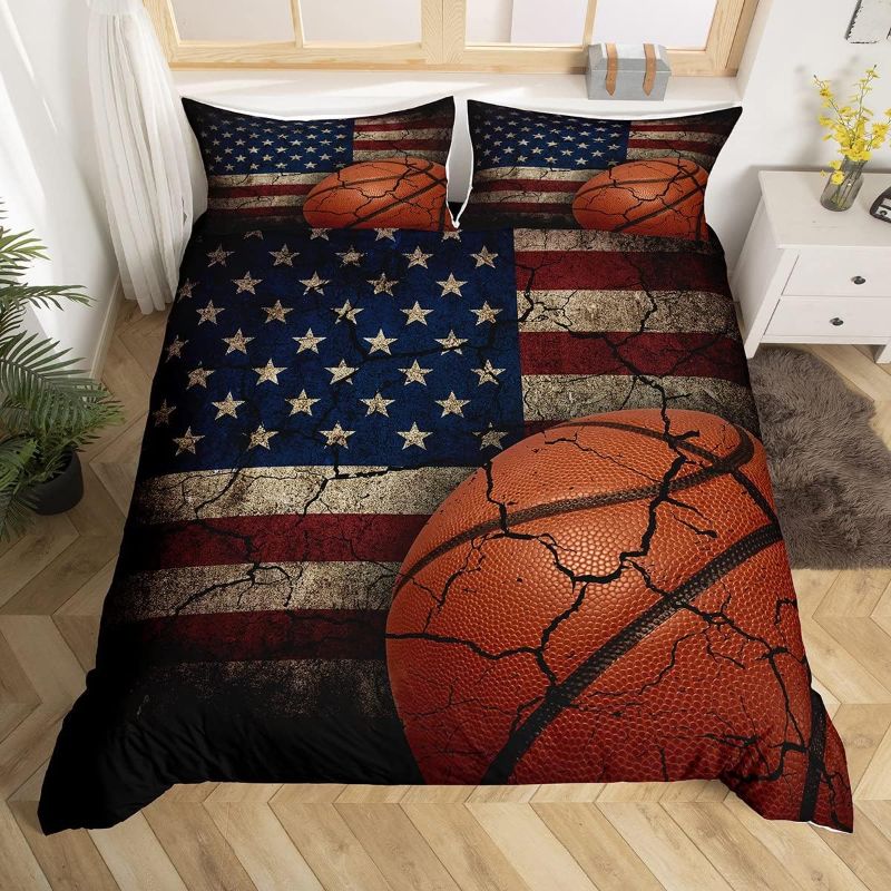 Photo 1 of Erosebridal American Flag Duvet Cover for Boys, Basketball Bedding Set Twin Size, Retro Sports Games Comforter Cover United States Federations Stars Stripes Quilt Cover for Teens Kids Adult Bedroom
