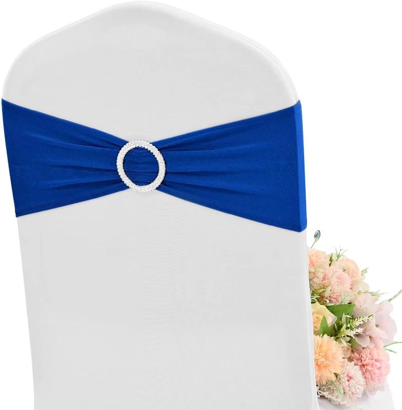 Photo 1 of 30PCS Royal Blue Spandex Chair Sashes Stretch Bows Chair Bands with Buckle Slider Chair Cover for Birthday Party Banquet Hotel Ceremony Events Reception Wedding Chair Decorations (Royal Blue)
