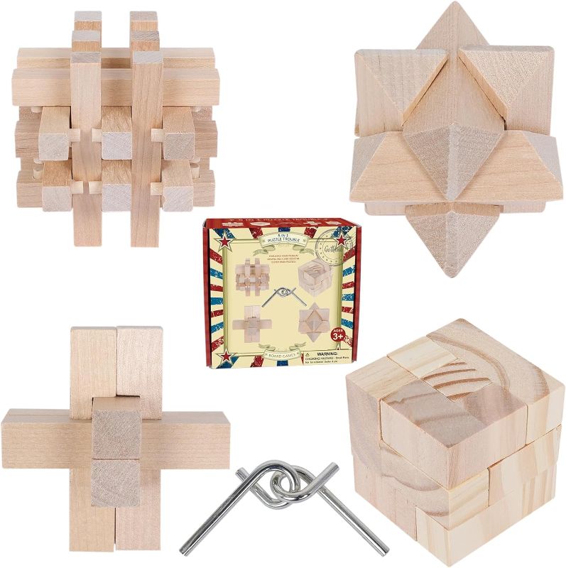 Photo 1 of Brain Teasers Puzzles, Challenge Your Mind with 5-Pack Brain Teaser Puzzles for Kids and Adults - Metal and Wooden IQ, Logic, and Handheld Disentanglement Games
