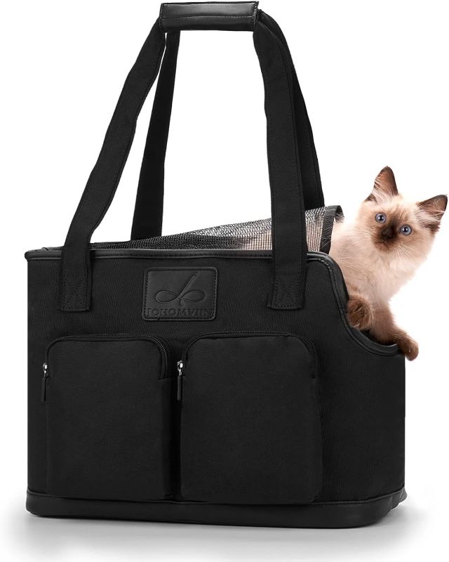 Photo 1 of Dog Carrier Purse, Foldable Waterproof Premium PU Leather Oxford Cloth Dog Carrier Bag, Pet Travel Tote Bag with Pockets for Cat and Small Dog
