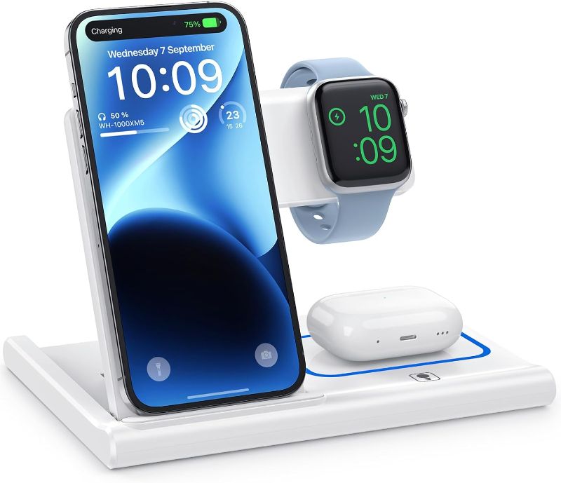 Photo 1 of Wireless Charger, 3 in 1 Wireless Charging Station for Multiple Devices,Wireless Charging Stand for iPhone15 14 13 12 11 Series, AirPods Pro 3 2 & Apple Watch [UL-Listed] (White)
