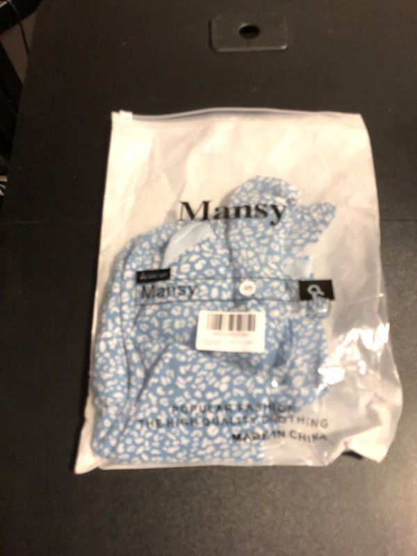 Photo 2 of Mansy Women's Casual Floral Print V Neck Ruffle Short Sleeve Summer Shirts Tops Loose Blouses A-06-light Blue Small