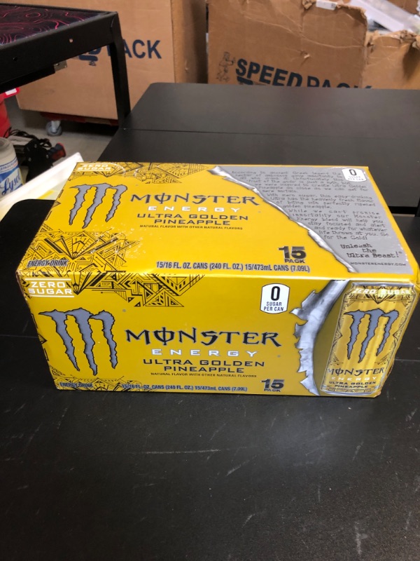 Photo 2 of Monster Energy Ultra Golden Pineapple, Sugar Free Energy Drink, 16 Ounce (Pack of 15) Ultra Golden Pineapple 15 CANS
EXP UNKNOWN 