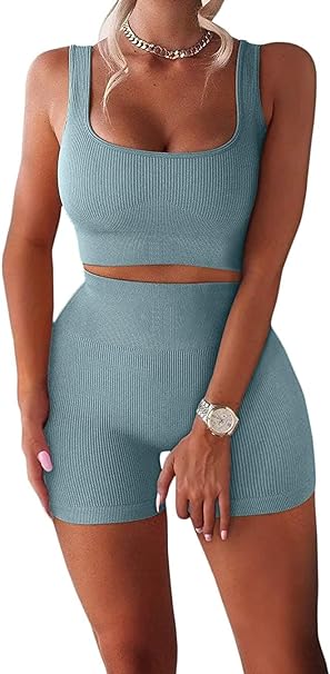 Photo 1 of TWFRHC Women's Workout Sets Ribbed Tank 2 Piece Seamless High Waist Gym Outfit Yoga Shorts Sets
 