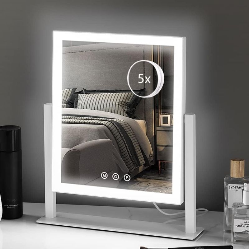 Photo 1 of HIEEY Lighted Makeup Mirror, Hollywood Vanity Mirror with Lights, Three Color Lighting Modes, and 5X Magnification Mirror, Smart Touch Control, 360°Rotation (12in. White)
 