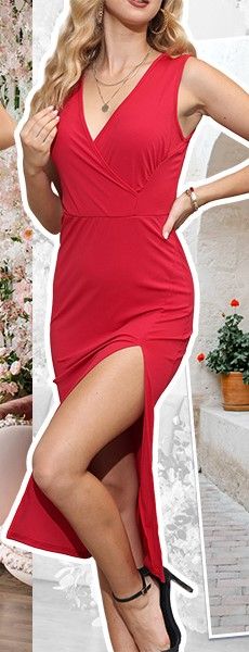 Photo 1 of Volemo Midi Dresses for Women Wedding Guest V-Neck Ruched Slit Sexy Bodycon Cocktail Dresses Small red