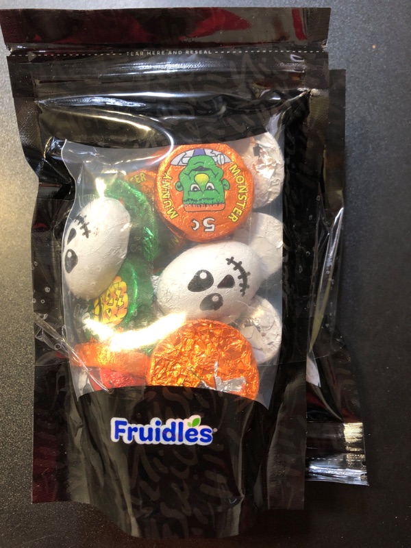 Photo 1 of Exp 8/25 2pc Fruidles Halloween Tricky Treat Master Bag, Trick-Or-Treat Party Bag Fillers, Individually Wrapped in Multi-color Design Foils, Kosher Certified (1 Pound) Milk Chocolate 1 Pound (Pack of 1)