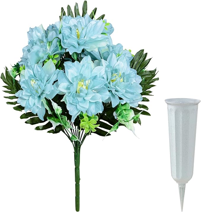 Photo 1 of XONOR Artificial Cemetery Flowers for Grave, Set of 4 Artificial Flowers Bouquet Memorial Flowers with Vase for Outdoor Cemetery Headstones Graveyard Gravestone Decoration - Blue 