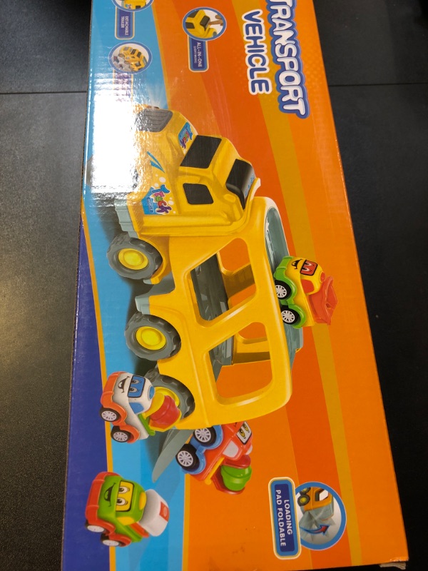 Photo 2 of iHaHa Toy Trucks Car for 1 2 3 4 5 Year Old Toddlers Boys, 5 in 1 Carrier Truck Car Construction Vehicles Toys for Kids Boys Girls Toddlers Christmas Birthday Gifts, Car Trucks Toys with Light Sound Yellow