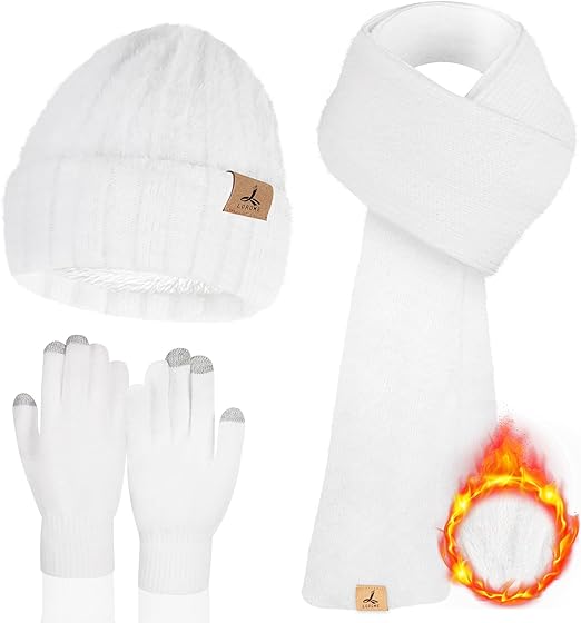 Photo 1 of WHITE Aneco Winter Warm Knitted Sets Buffalo Plaid Scarf Beanie Hat Touch Screen Gloves and Winter Ear Warmer Set for Men or Women Color 2