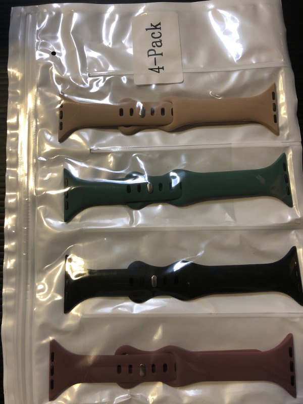 Photo 2 of 4 Pack slim Watch Band Compatible for Apple Watch Band 38mm 40mm 41mm 42mm 44mm 45mm 49mm,Soft Silicone Slim Sport Watch Band Compatible with iWatch Apple Watch Series Ultra 8 7 6 5 4 3 2 1 SE Women Men Smoke Violet | Black | Pine needle green | Milk Tea 