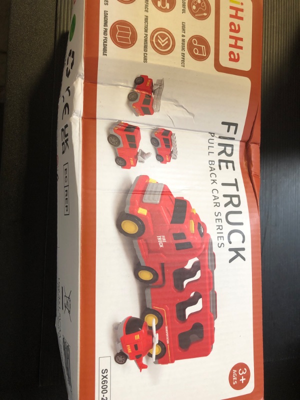 Photo 2 of iHaHa Fire Truck Toys for 1 2 3 4 5 6 Years Old Boys Toddlers, 5 in 1 Kids Carrier Fire Trucks Cars for Toddler Boy Toys Birthday, Car Trucks Friction Power Toys with Light Sound