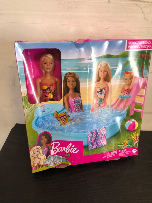 Photo 1 of ?Barbie Doll, 11.5-Inch Blonde, and Pool Playset with Slide and Accessories, Gift for 3 to 7 Year Olds