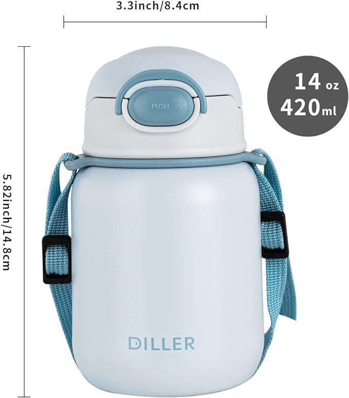 Photo 1 of Diller Insulated Water Bottle with Straw, 14 oz Travel Coffee Mug with Straps Mini Stainless Steel Water Bottles with Straw for Kids and Women Keep 12H Piping Hot & 24H Cold --White