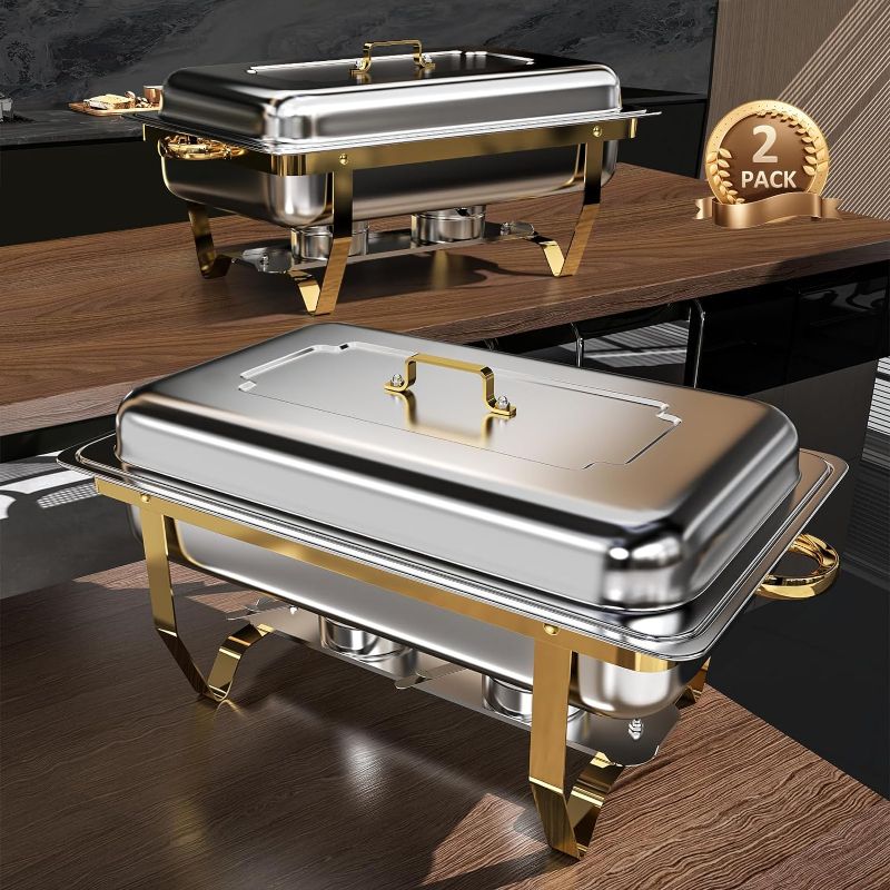 Photo 1 of Chafing Dish Buffet Set 2 Pack, 8QT High Grade Chafing Dishes for Buffet, Chafers and Buffet Warmers Sets for Birthday, Wedding, Rolled-Edge Design with Gold and Silver
