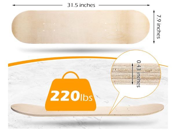 Photo 1 of Blank Skateboard Deck Maple Skateboard Deck 8 x 32 Inch 7 Ply Wooden Skate Decks Natural Wood Double Tail Plain Skateboard Concave Light Deck for Art Painting Replacement Home Decoration