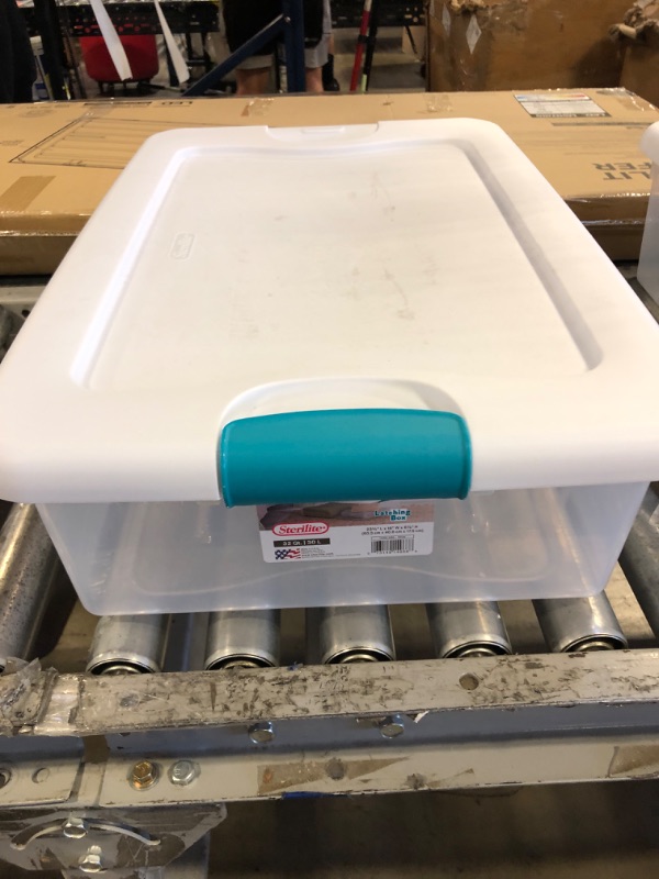 Photo 1 of Sterilite 14968006 32 quart/30 L Latching Box with Clear Base, White Lid and Colored Latch