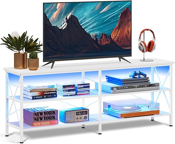 Photo 1 of WLIVE TV Stand for 65 70 inch TV with LED Lights, Gaming Entertainment Center with Storage, Industrial TV Console for Living Room, Long 63" LED TV Cabinet with Metal Frame, Black
