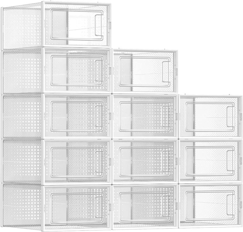 Photo 1 of SONGMICS Shoe Boxes, Pack of 12 Shoe Storage Organizers, Stackable Clear Plastic Boxes for Closet, Sneakers, 9.1 x 13.1 x 5.6 Inches, Fit up to US Size 11, Transparent and White ULSP12SWT
