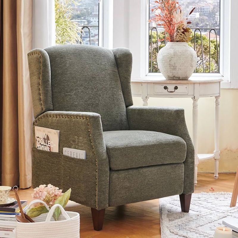 Photo 1 of COLAMY Wingback Pushback Recliner Chair with Storage Pocket, Upholstered Fabric Living Room Chair Armchair, Single Reclining Sofa with Wood Legs and Nailhead Trim for Home/Bedroom, GREEN