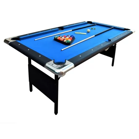 Photo 1 of Hathaway Fairmont Portable 6-Ft Pool Table for Families with Easy Folding for Storage, Includes Balls, Cues, Chalk Blue Pool Table + Table Accessory