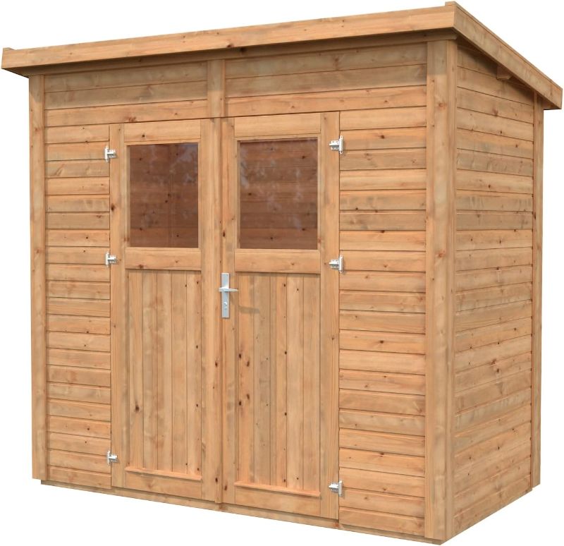 Photo 1 of FOR PARTS ONLY!!! Leisure Season Urbano Lean to Shed Kit - Modern Weatherproof Outdoor Storage Shed with Floor, Doors, Plexiglass Windows, Pent Roof - Nordic Spruce Wood Shed Kit - Medium Brown, 8'x4' (URB8X47853)
