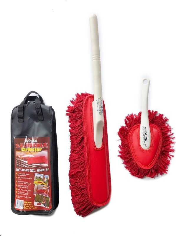 Photo 1 of The Original California Car Duster Detailing Kit with Plastic Handle, Model Number: 62445, Red & Chemical Guys MIC_506_03 Professional Grade Premium Microfiber Towels, Gold (16 x 16 Inch) (Pack of 3) Duster Kit + Towels
