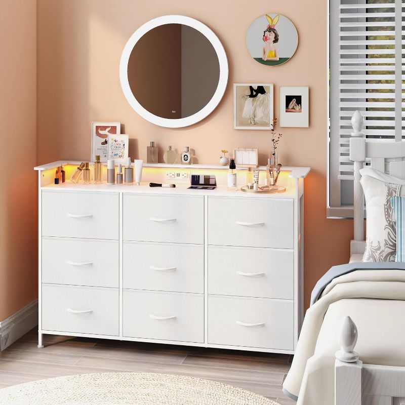 Photo 1 of EXOTICA White Dresser with LED Light for Bedroom 9 Drawer Dressers with Charging Station Chests of Drawers for Entryway Closet Living Room Hallway Sturdy Steel Frame Wooden Top Easy Pull Handle

