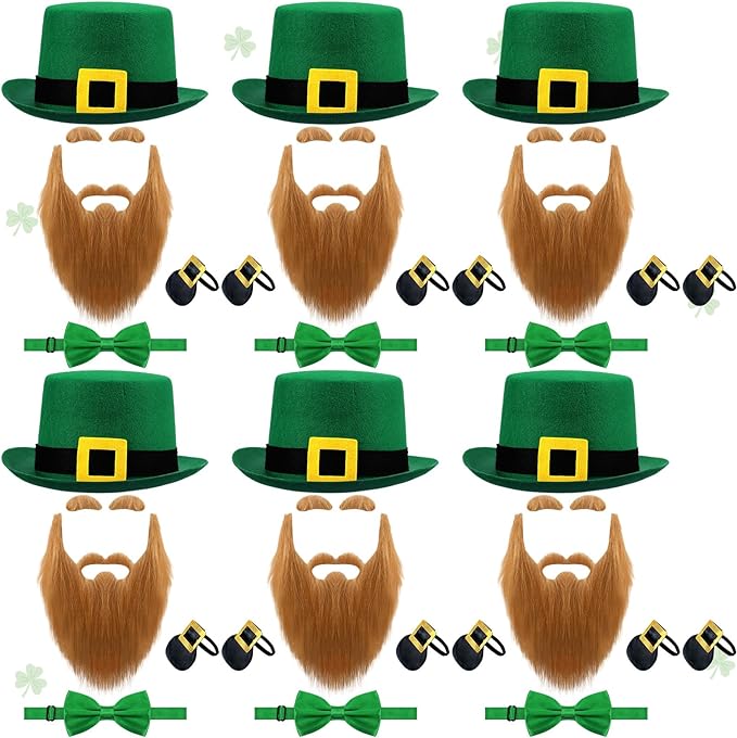 Photo 1 of 6 Sets St Patricks Day Costume Green Leprechaun Top Hat with Beard Irish Party Accessories Buckle Bow Tie Eyebrow
