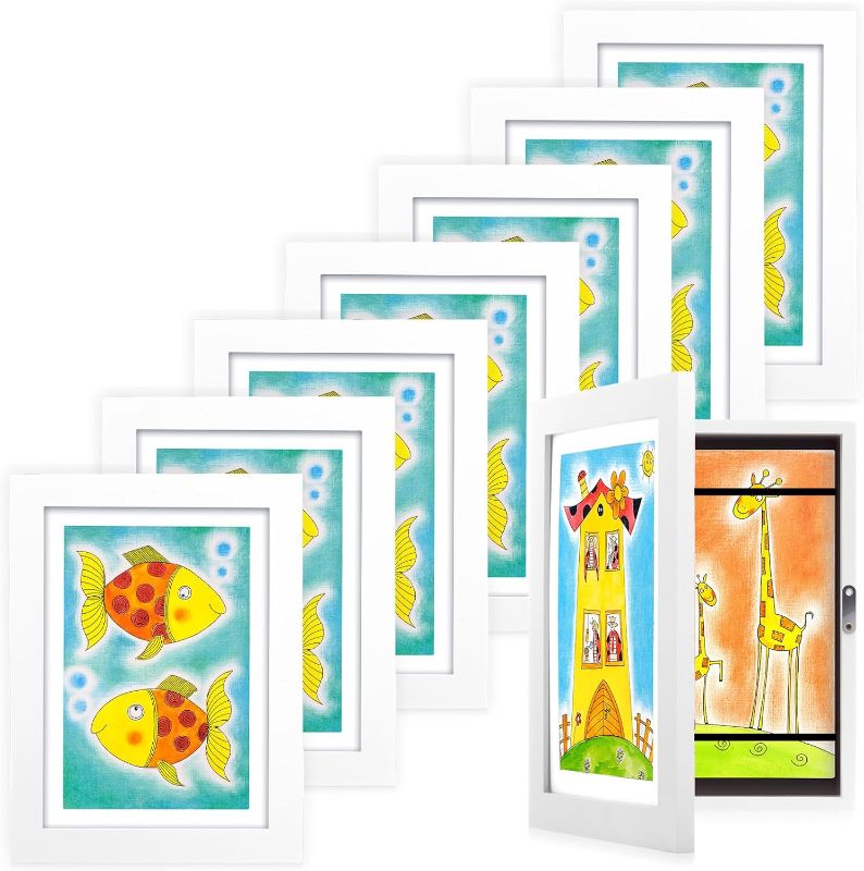 Photo 1 of Pinkunn 8 Packs Kids Art Frame, 8 x 11.5 Inch White Kid Artwork Picture Frame Display with Acrylic Plate and Hook Magnetic Front Opening Changeable Wood Picture Frame for Drawing Artwork Art Project
