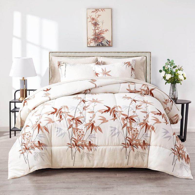 Photo 1 of 7 Pieces Bed in a Bag Queen Comforter Set with Sheets, Burnt Orange Leaves on White Botanical Bedding Sets for All Season (1 Comforter, 2 Pillow Shams, 1 Flat Sheet, 1 Fitted Sheet, 2 Pillowcases)
