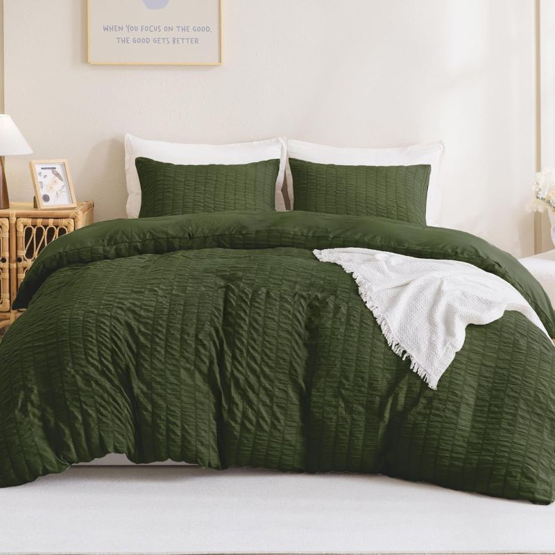 Photo 1 of Litanika Queen Size Comforter Set Olive Green, 3 Pieces Lightweight Seersucker Bedding Comforters Sets, Soft Bed Set (90x90In Comforter & 2 Pillowcases)
