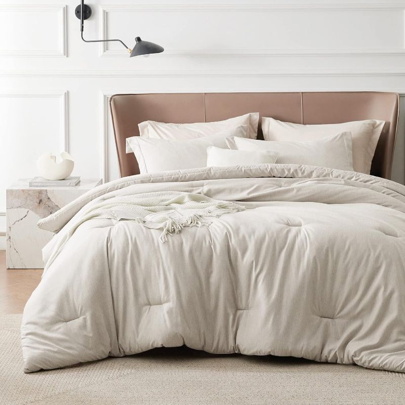 Photo 1 of Bedsure Queen Comforter Set - Beige Queen Size Comforter, Soft Bedding for All Seasons, Cationic Dyed Bedding Set, 3 Pieces, 1 Comforter (90"x90") and 2 Pillow Shams (20"x26"+2")
