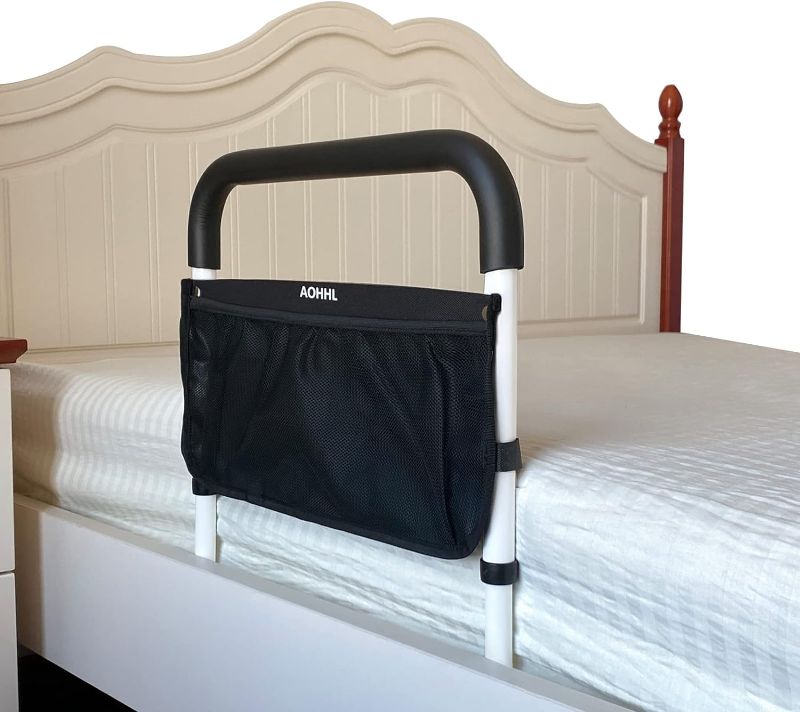 Photo 1 of Bed Rails for Elderly Adults Safety with Adjustable Heights Storage Pocket Assist Support Side Railings for Seniors Citizens Slides Under Mattressbed Cane Bed Guard Bed Handles Bars(White)
