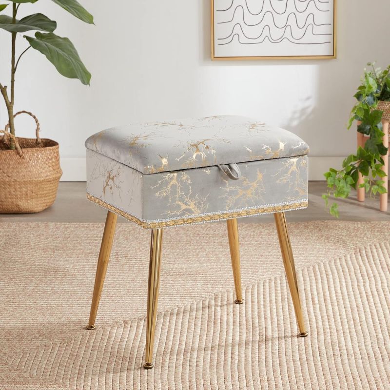 Photo 1 of Soohow Storage Ottoman Foot Rest, Makeup Vanity Stool with Gold Hot Stamping, Vanity Chair for Makeup Room, Foot Stool for Living Room, Bedroom, Storage Ottoman?Metal Legs
