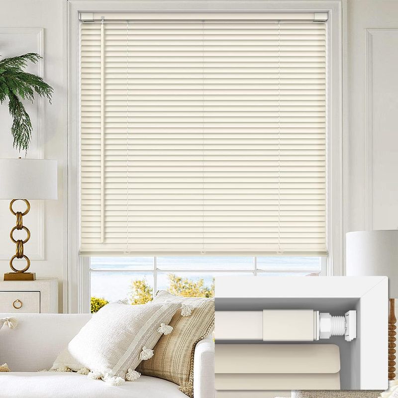 Photo 1 of LazBlinds Cordless No Tools-No Drill 1" Vinyl Horizontal Mini Blinds, Light Filtering Blinds for Windows, Blinds & Shades for Window Size 35" W x 64" H, Cream
